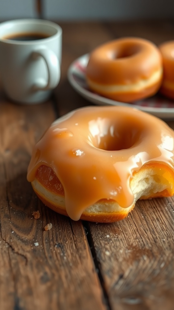 A classic glazed donut on a wooden table with coffee in the background.